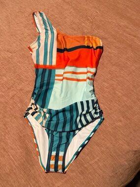 One-Shoulder Striped Women’s One-Piece Swimsuit in Teal & Orange